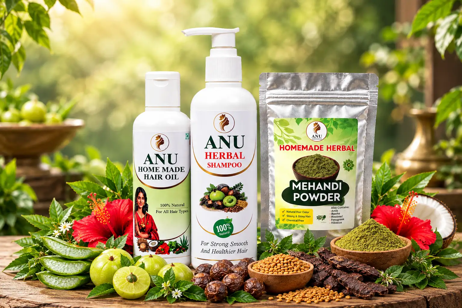 anu herbal hair oil, shampoo & mehandi Anu Herbal Hair Oil,Shampoo & Natural Mehandi Powder Combo. - Image 1